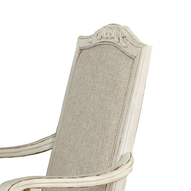 Rustic Wooden Arm Chair with Intricate Carvings, Set of 2, Antique White - Benzara