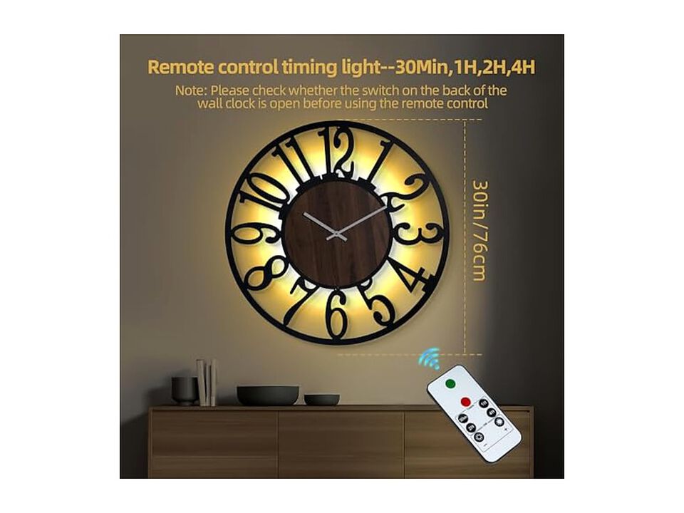 Lighted Rustic Wood Remote Timer Farmhouse Wall Clock Silent Battery Operated