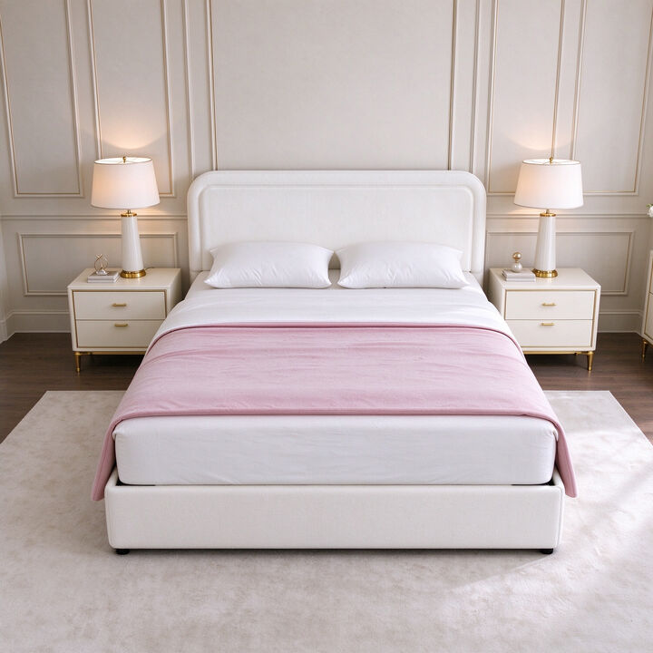 Queen Storage Bed with 4 Drawers, Ivory Boucle Upholstered Platform Bed, No Box Spring Needed