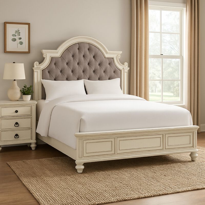 Desha Queen Bed, Button Tufted Headboard with Curve Details, Antique White