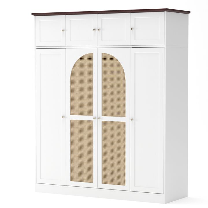 70.87"Tall 8-Door Large Capacity Armoire Wardrobe Closet with Hanging Rod, Adjustable Shelves and Rattan Decorative Doors, Clothing Storage Cabinet