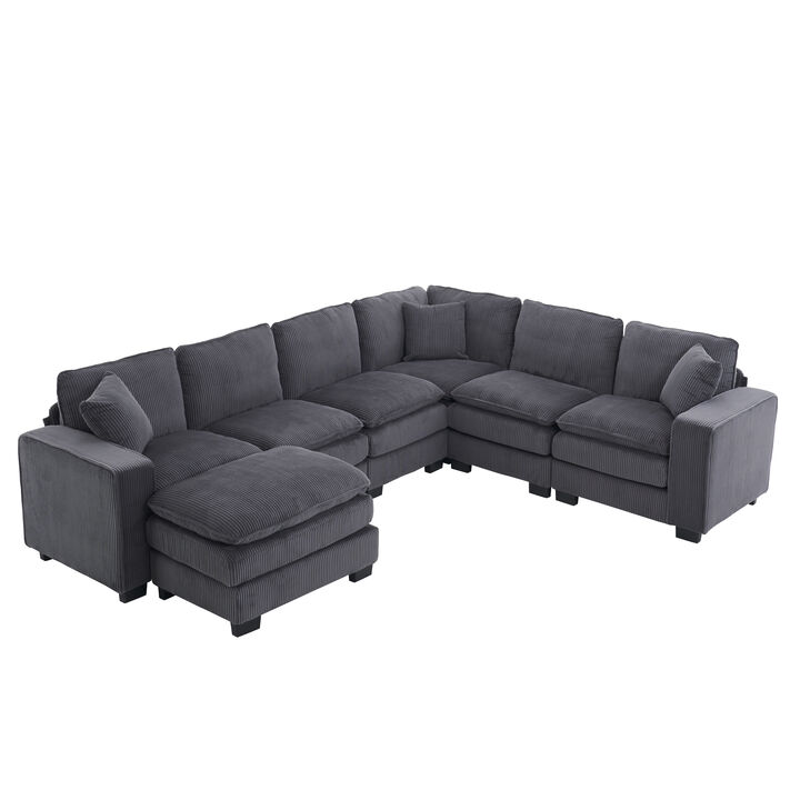 Merax Modern U Shaped 6-seat Sectional Sofa Couch with one Ottoman and three toss pillows