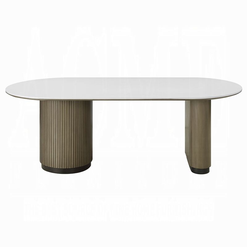Jeh Dining Table, 87 Inch White Oval Top, Dual Pedestal Base, Oak Brown image number 2