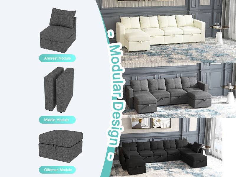 Livelylodge Modular 4-Seat Sofa with Wooden Frame and Pull-Out Bed, Convertible Sectional Sofa for Living Room, Available in Black, Beige, and Gray 109" L x 30.5" W x 34" H