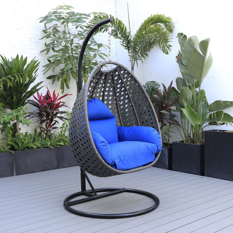 LeisureMod Charcoal Wicker Hanging Egg Swing Chair with Cushion image number 1