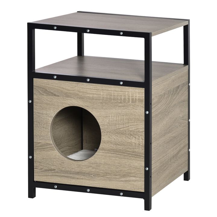 Wooden Cat House Kitty Shelter Bed with Cushion Cat litter box End Table Hideaway Cabinet with Storage Grey, 19" x 15.75" x 25.5"