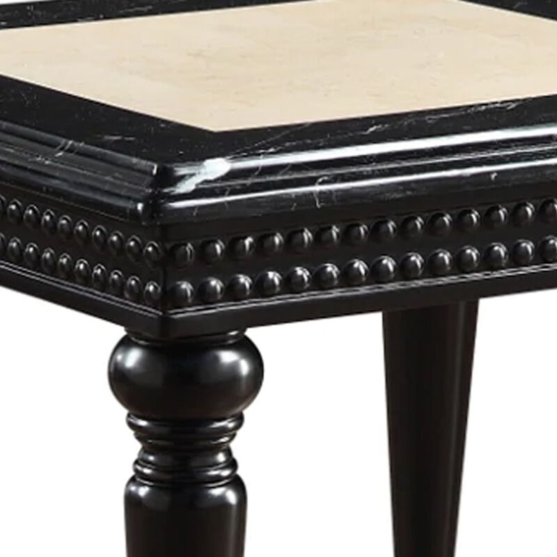 Mavi 28 Inch Square End Table, Marble Top, Beaded Apron, Black-Benzara image number 3
