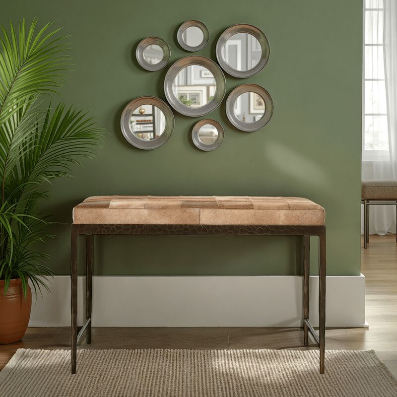 Leif Ottoman Bench with Brown Patchwork Leather Hide, Iron 28 Inch - Benzara