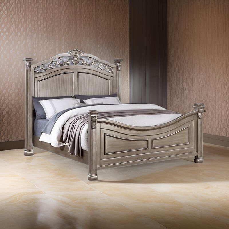 Aza Traditional Wood Queen Size Bed, Leaf Carvings, Champagne Gold Finish - Benzara