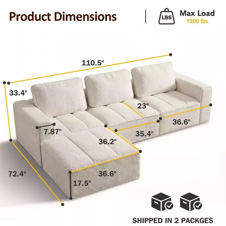 Vipbear 110.5" Cloud Modular Sectional Sofa, Convertible L Shaped Couch with Reversible Chaise