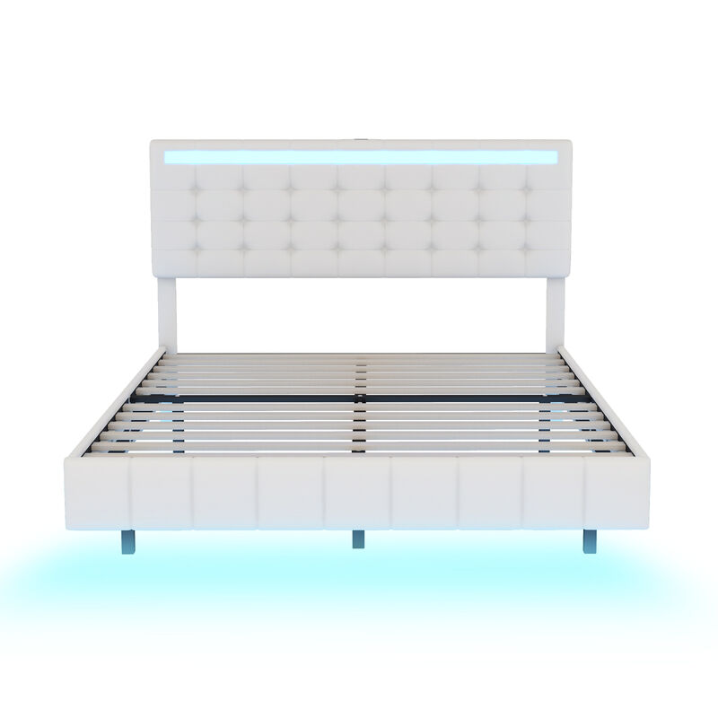 Queen Size Floating Bed Frame with LED Lights and USB Charging, Modern Upholstered Platform LED Bed Frame, White