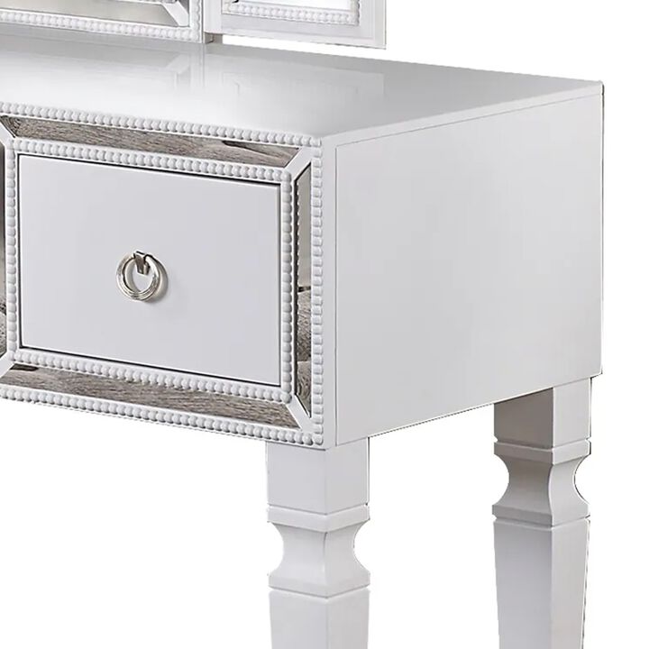 Thuy 60 Inch Vanity Desk Set, Upholstered Stool, Trifold Mirror, White-Benzara