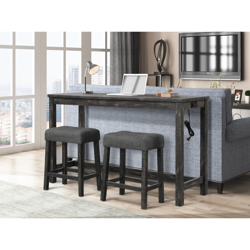 Yosef 60" Charcoal Rectangular Bar Table with 2 USB Ports/Electrical Outlet