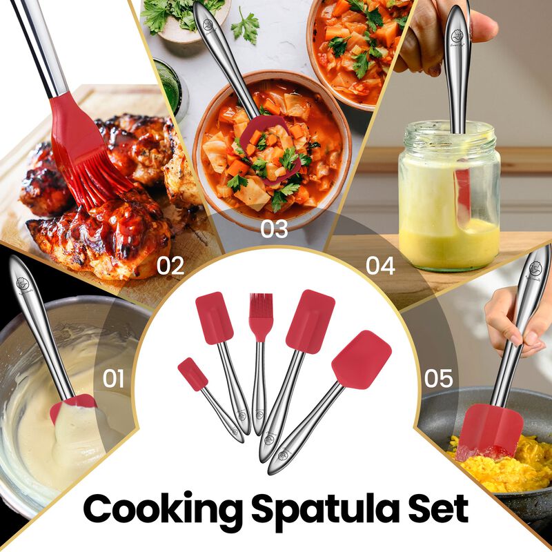 5pcs Silicone Spatula Set with Stainless Steel Handle, Spatulas for Cooking & Baking with Spoonula & Brush