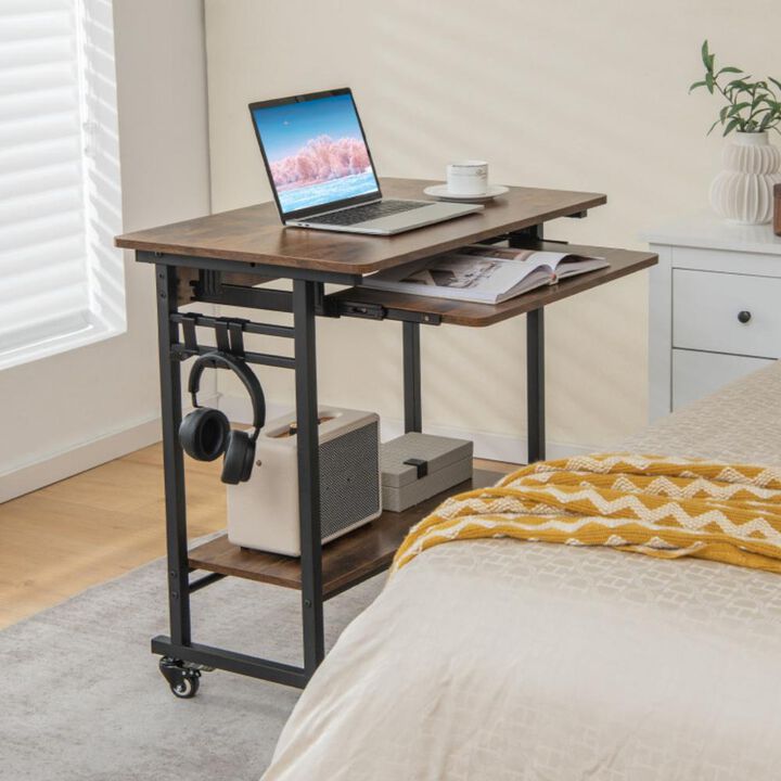 Hivvago Rolling Laptop Table with Pull-out Keyboard Tray and Hooks-Rustic Brown
