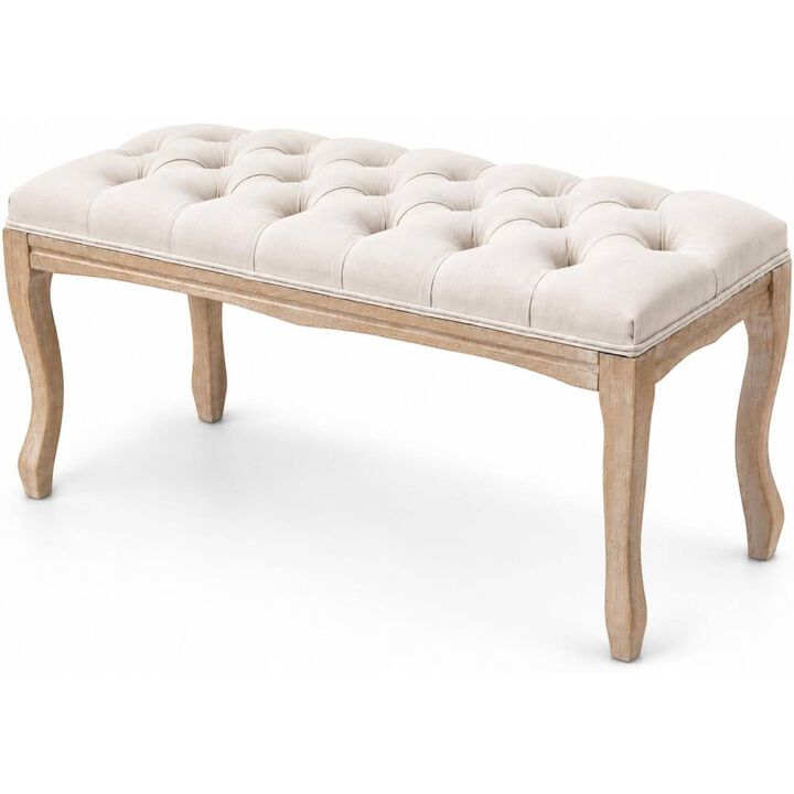 Envelor French Vintage Tufted Linen Upholstered Bench, 43.3 in.