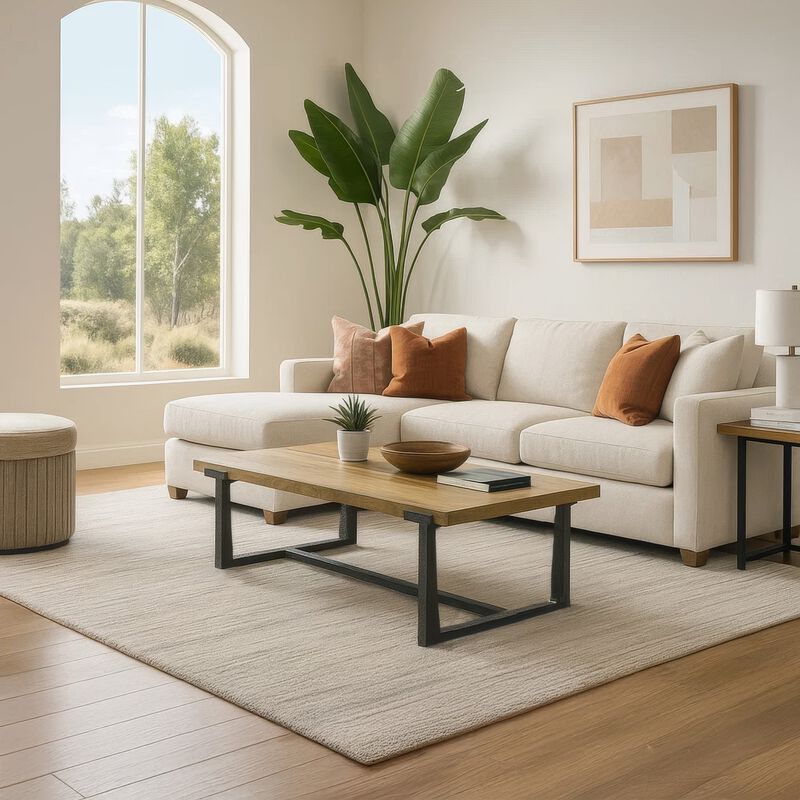 Marlon 48" Coffee Table | Handmade Aluminum Cast Black Frame | Natural Brown Solid Mango Wood Top