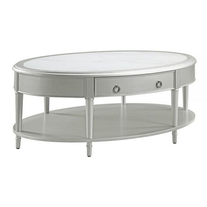 Kyna 50 Inch Coffee Table, Sintered Top, 1 Drawer, Classic Oval, Silver