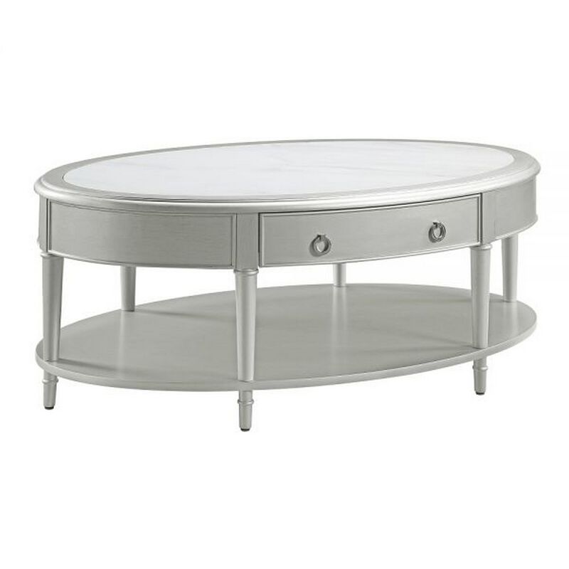Kyna 50 Inch Coffee Table, Sintered Top, 1 Drawer, Classic Oval, Silver image number 0