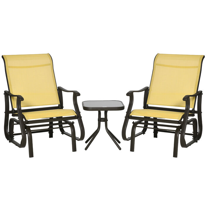 Outsunny 3-Piece Outdoor Gliders Set Bistro Set with Steel Frame, Tempered Glass Top Table for Patio, Garden, Backyard, Lawn, Beige