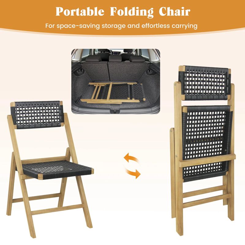 Set of 2 Folding Teak Wood Dining Chairs with Woven Rope Seat and Back image number 6