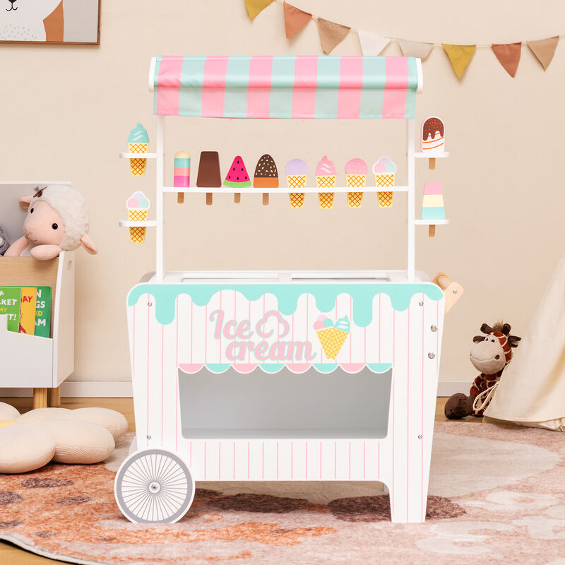 Kid's Ice Cream Cart Playset with Display Rack, Scoops, and Accessories