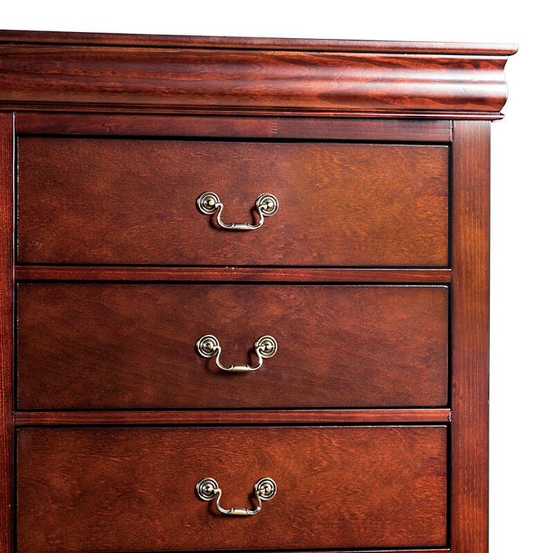 Ryla Tall Dresser Chest, 5 Drawers, Metal Handles, Cherry Brown Solid Wood - Benzara