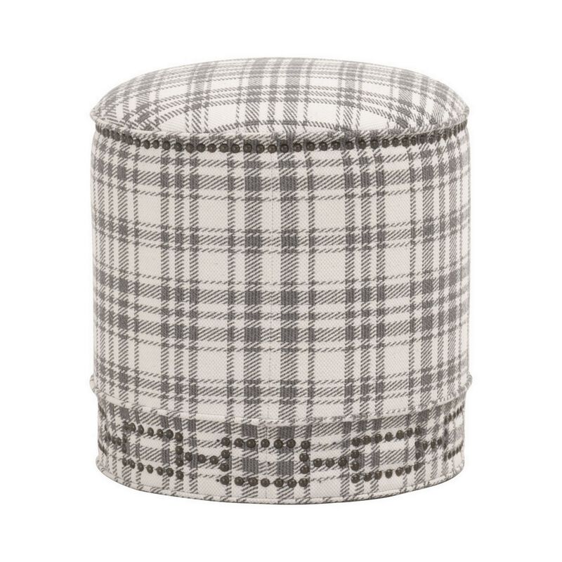 Elly 20 Inch Plaid Fabric Ottoman, Round, Nailhead Accents, Gray, White-Benzara image number 1