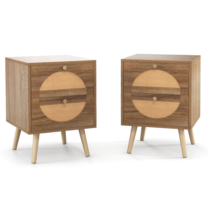 Set of 2 Rattan Nightstand with 2 Drawers and Solid Wood Legs