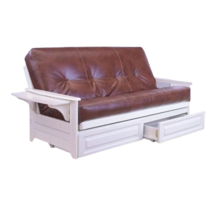 Phoenix Frame-Antique White Finish-Oregon Trail Saddle Mattress-Storage Drawers