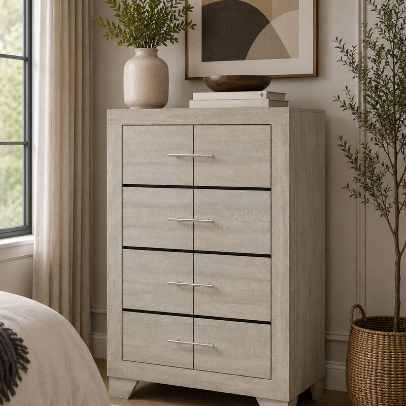Qanto Tall Dresser Chest, 4 Drawers, Nickel Metal, Rustic Cream Wood image number 8