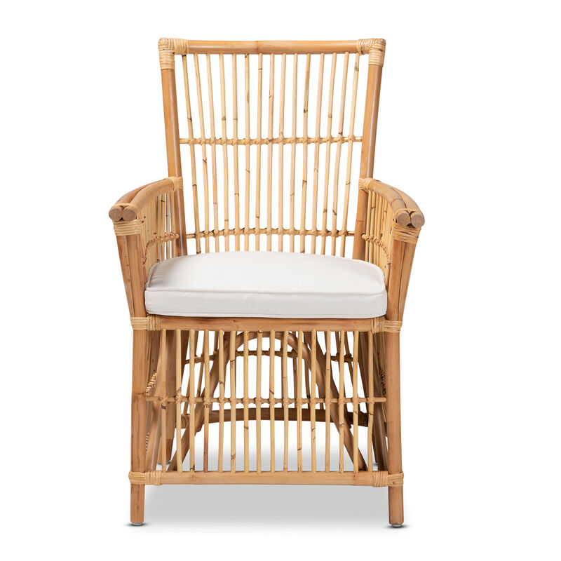 Baxton Studio Rose Modern Bohemian White Fabric Upholstered and Natural Brown Rattan Armchair