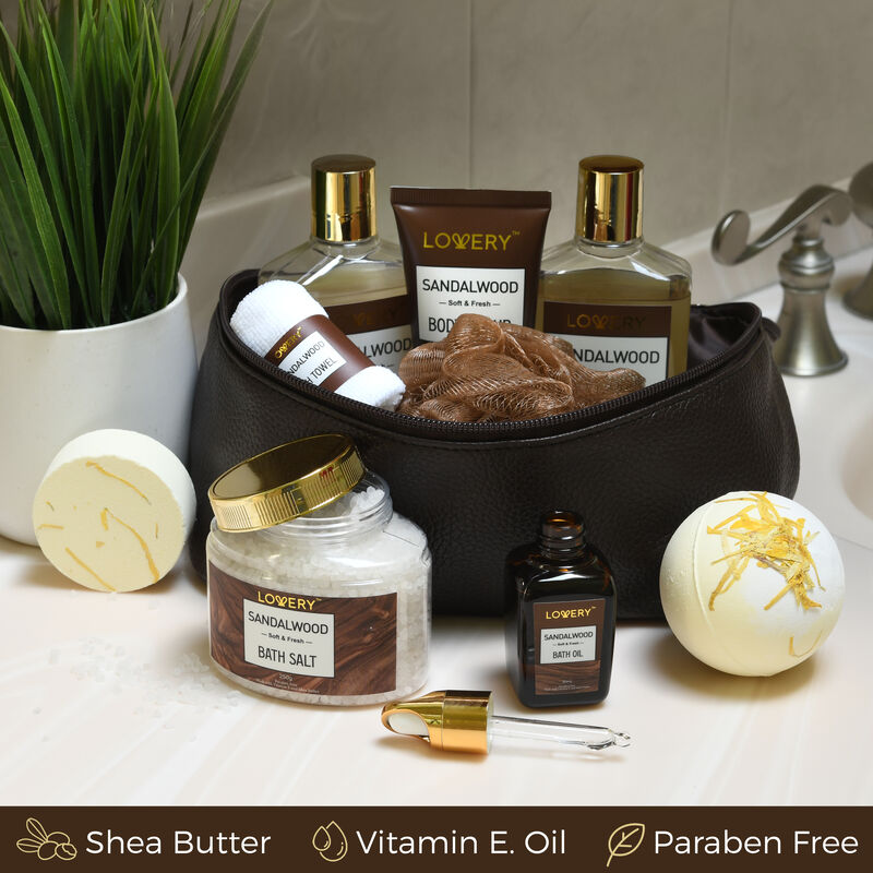 Luxury Spa Kit for Men - Sandalwood Bath Set - Personal Care Kit in Brown Leather Cosmetic Bag