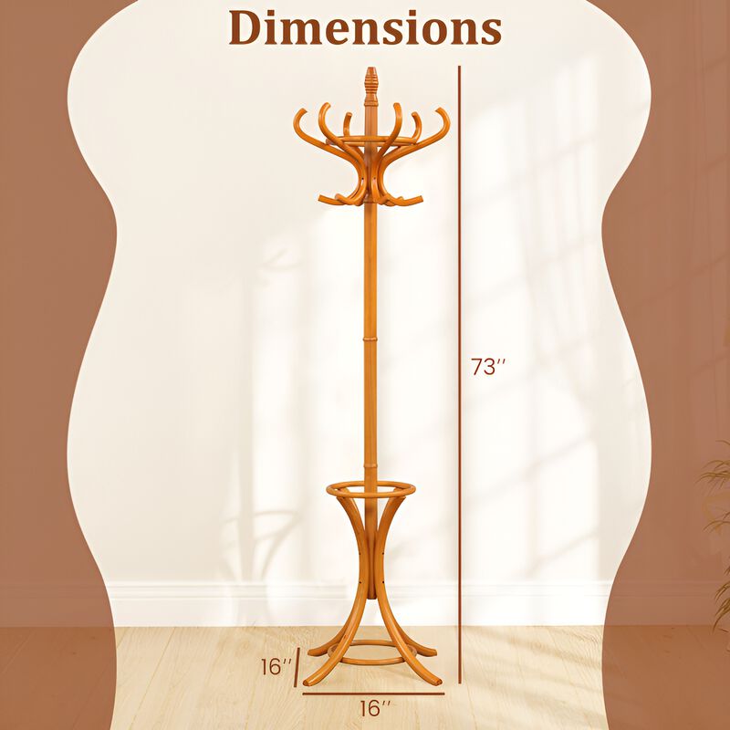 Freestanding Wooden Coat Rack with 12 Hooks and Built-In Umbrella Stand image number 3