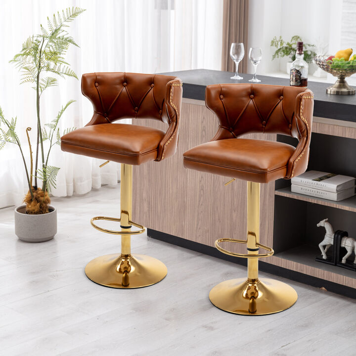 Bar Stools With Back and Footrest Counter Height Dining Chairs -Leather Brown-2 PCS/SET
