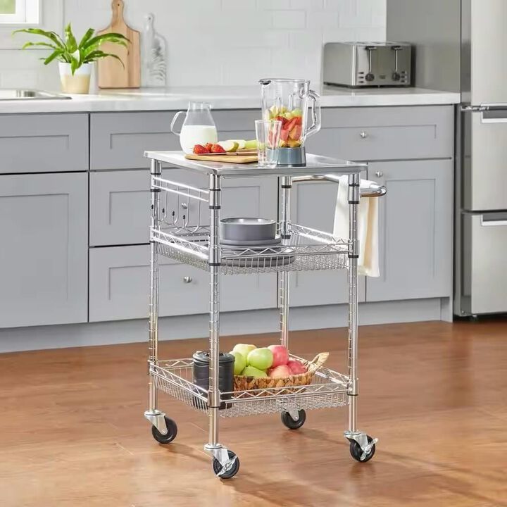 Hivvago Compact Kitchen Cart with Stainless Steel Top and 2 Bottom Storage Shelves