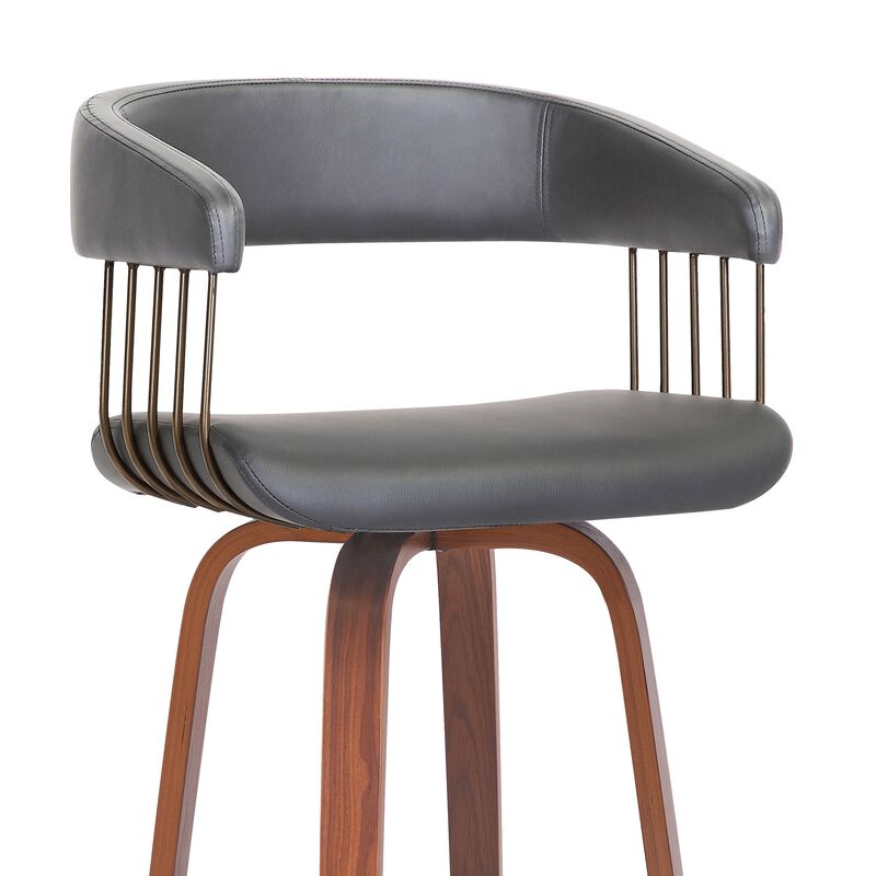 30.5" Swivel Walnut Wood Bar Stool in Gray Faux Leather with Golden Bronze Metal image number 4