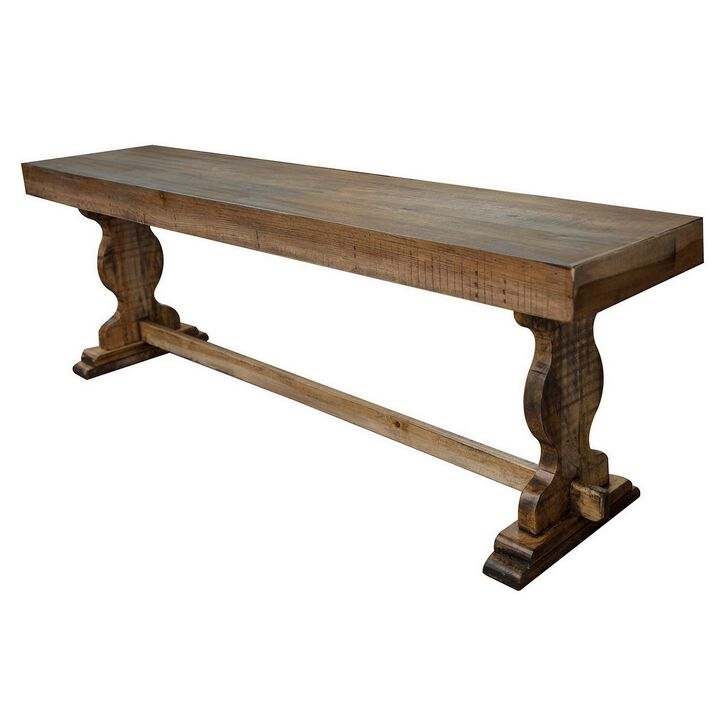 Ebb 70 Inch Rustic Wood Bench, Curved Base, Solid Pine Wood, Light Brown-Benzara