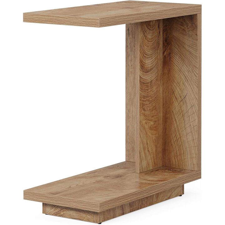 Tribesigns C Shaped End Table, Wood Side Table with 2 Shelves, Slim Nightstand Bedside Table for Living Room and Bedroom, Small Side Table Slides Over Sofa or Bed, Brown, 150 lb Capacity