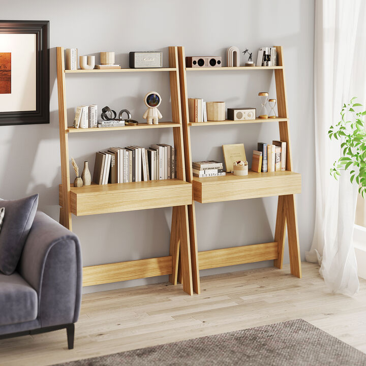 Wall Leaning Ladder Desk with Drawer and 2 Storage Shelves for Small Spaces