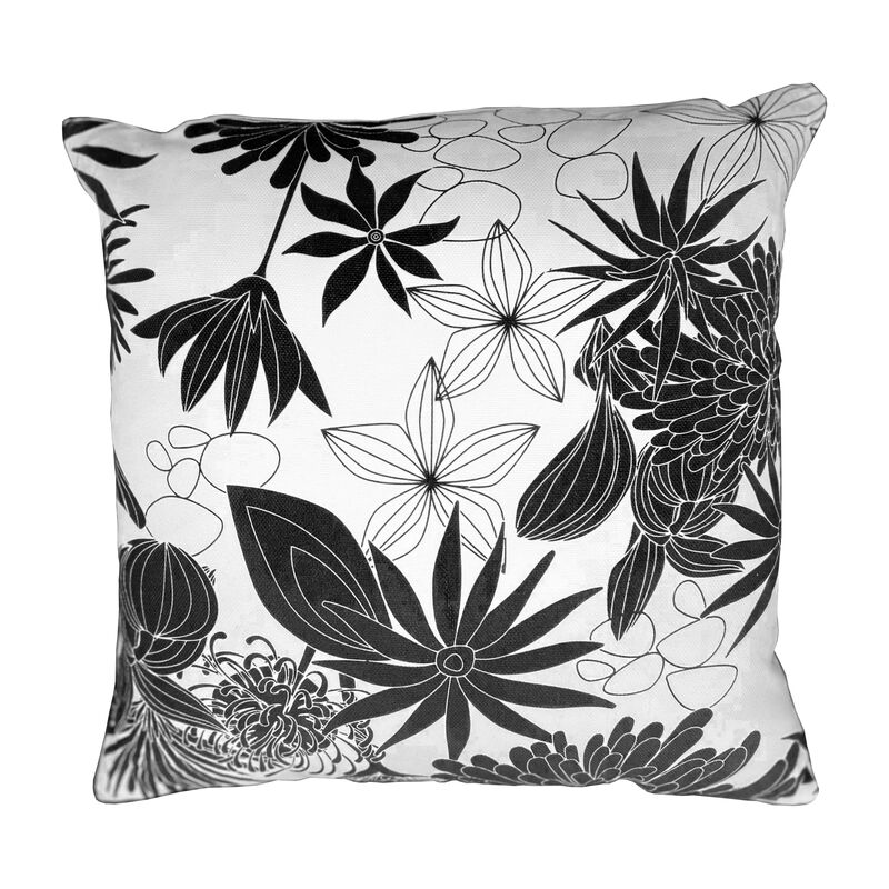 17 x 17 Inch Decorative Square Cotton Accent Throw Pillows, Classic Floral Print, Set of 2, Black and White-Benzara image number 1