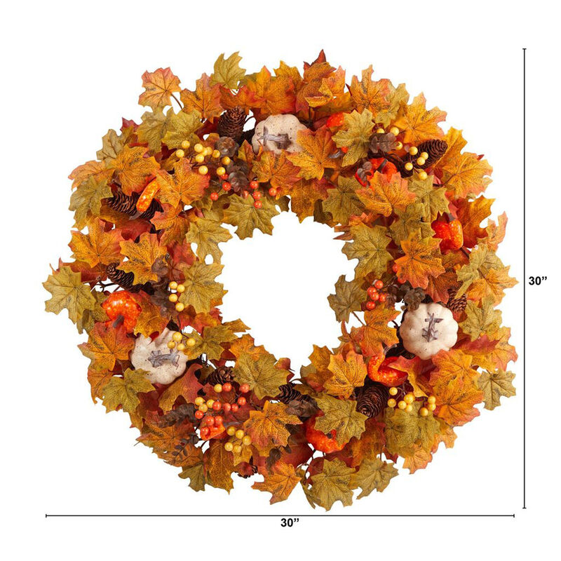 Nearly Natural 30-in Autumn Pumpkin and Maple Leaf Artificial Fall Wreath image number 2