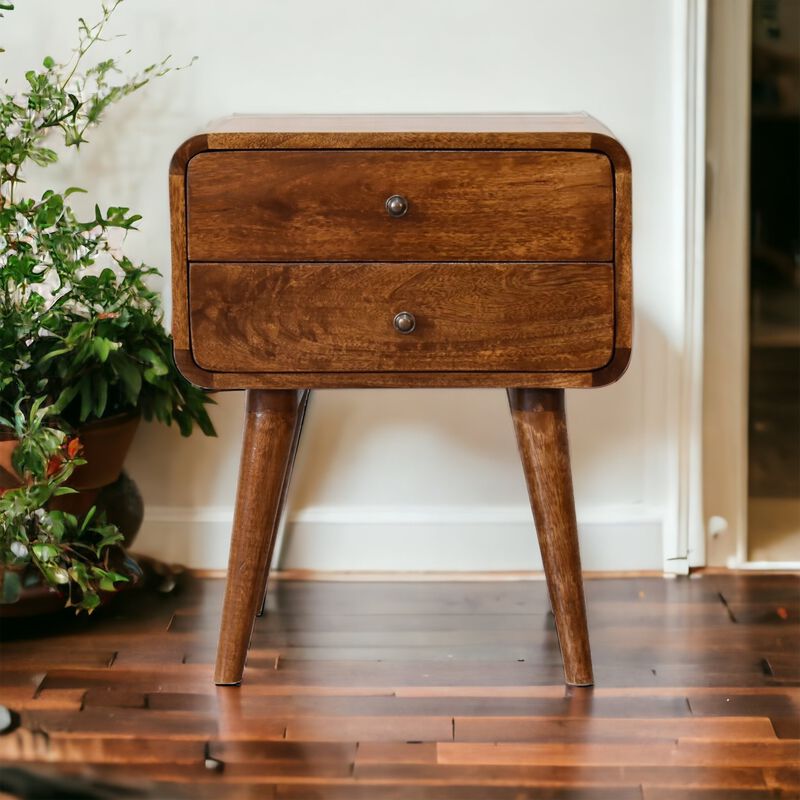 Curved Chestnut Solid Wood 2 Drawer Nightstand