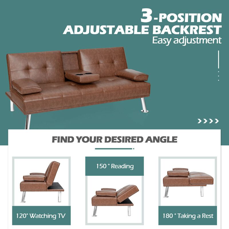 Convertible Folding Leather Futon Sofa with Cup Holders and Armrests