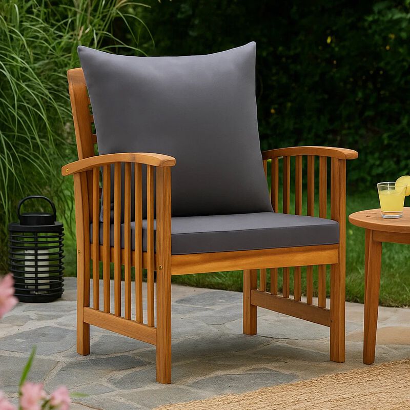 Mia Outdoor Patio Chair Set of 2, Gray Cushions, Slatted Acacia Wood - Benzara