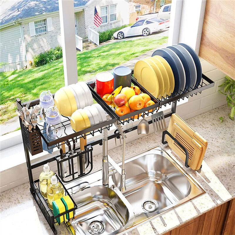 2-Tiers Adjustable Large Capacity Dish Drying Rack Over-The-Sink Space-Saving image number 4