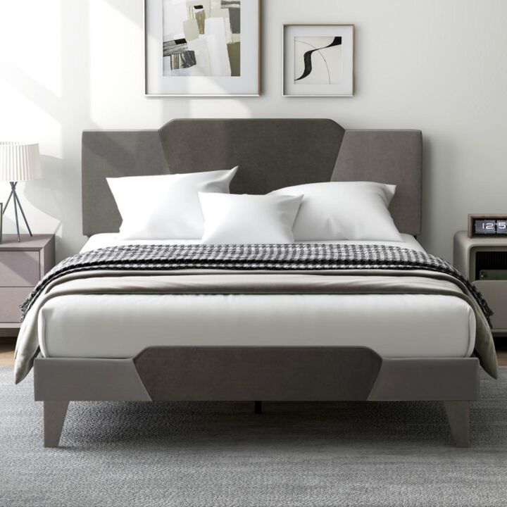 Hivvago Velvet Upholstered Bed Frame with High Headboard
