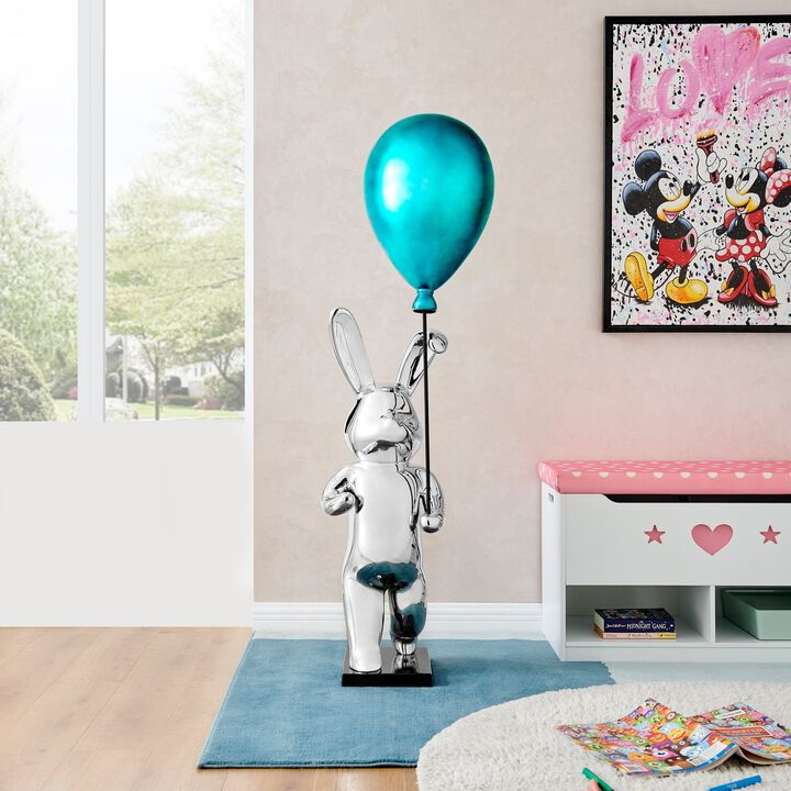 Bunny with Balloon Sculpture Chrome and Blue Resin Handmade