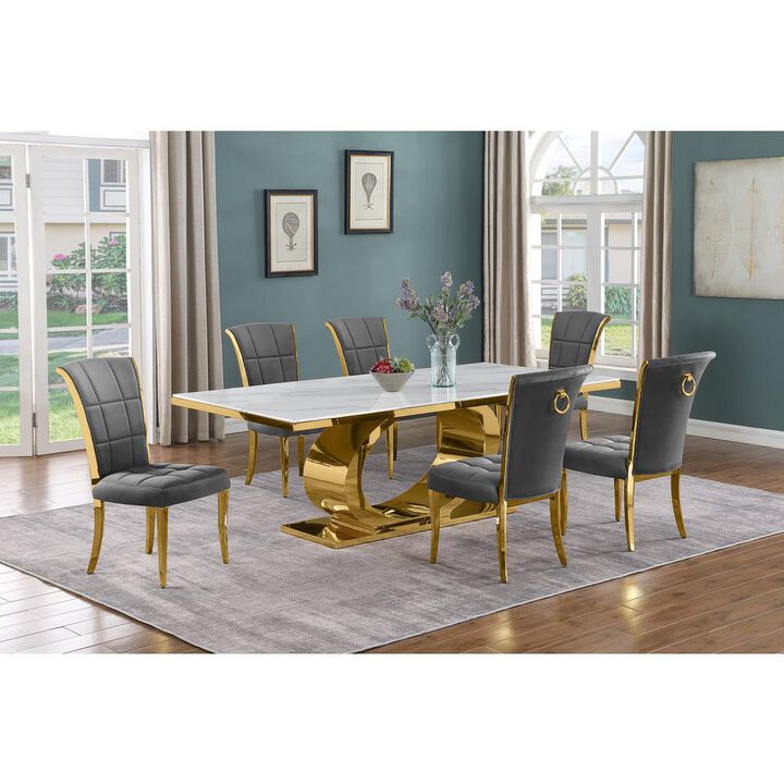 Best Quality Furniture 7pc Large(87) marble top dining set with gold base and 6 Dark grey side chairs