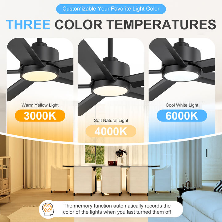 Breezary 52" LED Ceiling Fan with Light, 5 Blade, 6 Speed, Reversible, Quiet Downrod Mount, Remote Control